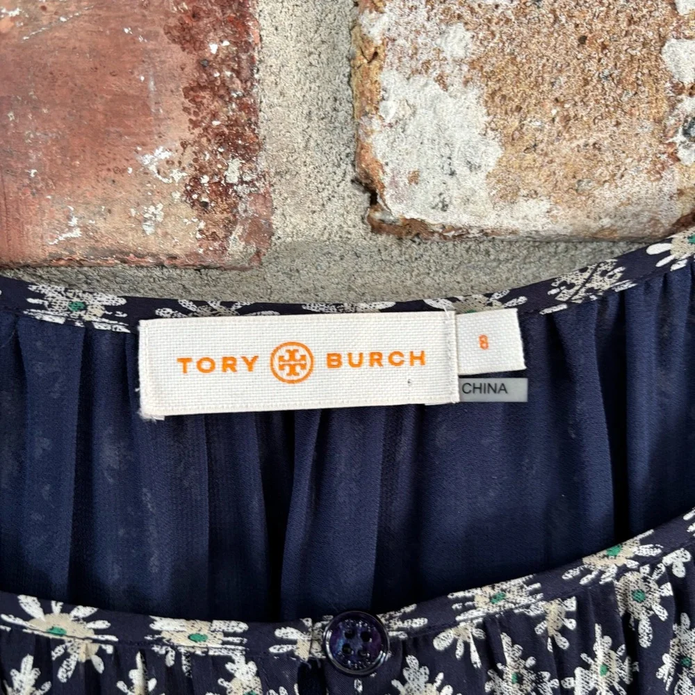 Tory Burch Navy Blue Silk Printed Long Sleeve Blouse Top, 8